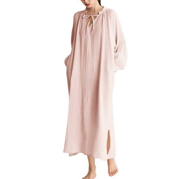 Annhoo Nightgowns for Women Cotton Comfortable Pleated Loose Plain V Neck Long Sleeve Nightdress Fashion Clothes