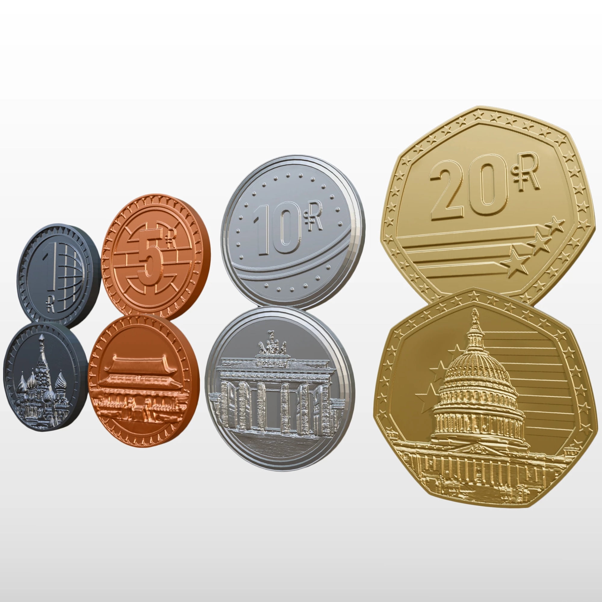 World Order: Metal Coins - 85 Collectible Pieces, Board Game Upgrade Components, Replace Base Cardboard Money, Multiple Denominations, Economic Set