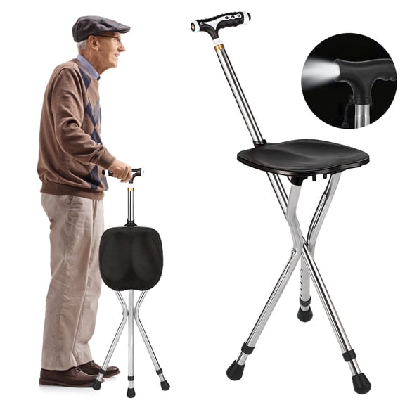 Yomfey Folding Cane with Seat for Seniors, Adjustable Walking Cane Chair with LED Light, Portable Tripod Walking Stick Supports up to 330 lbs