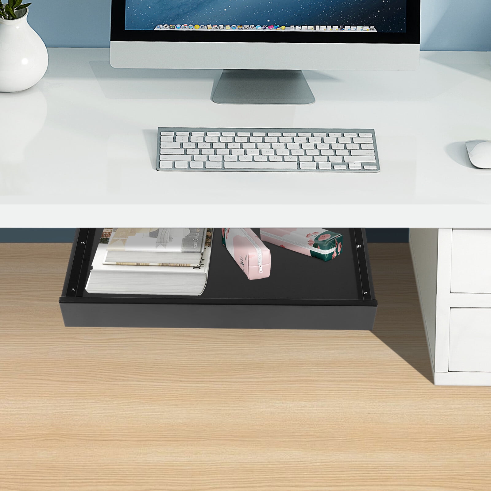 21.6*14*2.875in Modern Black Under Desk Mounted Drawer Storage Organizer Sliding Pullout Drawer Standing Desk