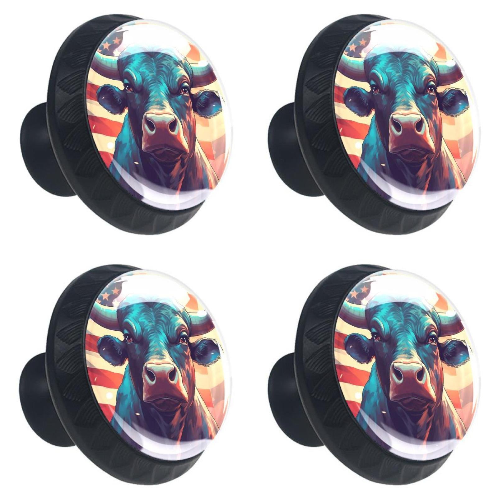 4 Pcs Cow American Flag Knobs for Kitchen Cabinet Cupboard Dresser Bookcase Drawer Pulls Handles Round Home Decor