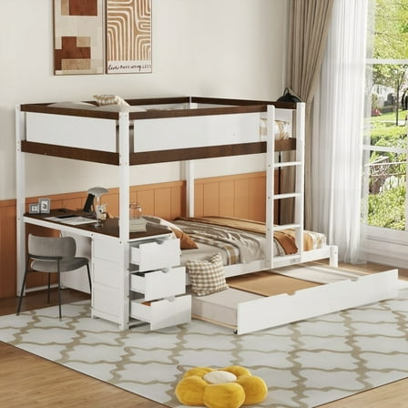 Full-Over-Full Bunk Bed with Twin Mattress Size, Plywood Pinewood Frame, Storage, Desk, White Walnut for Bedroom