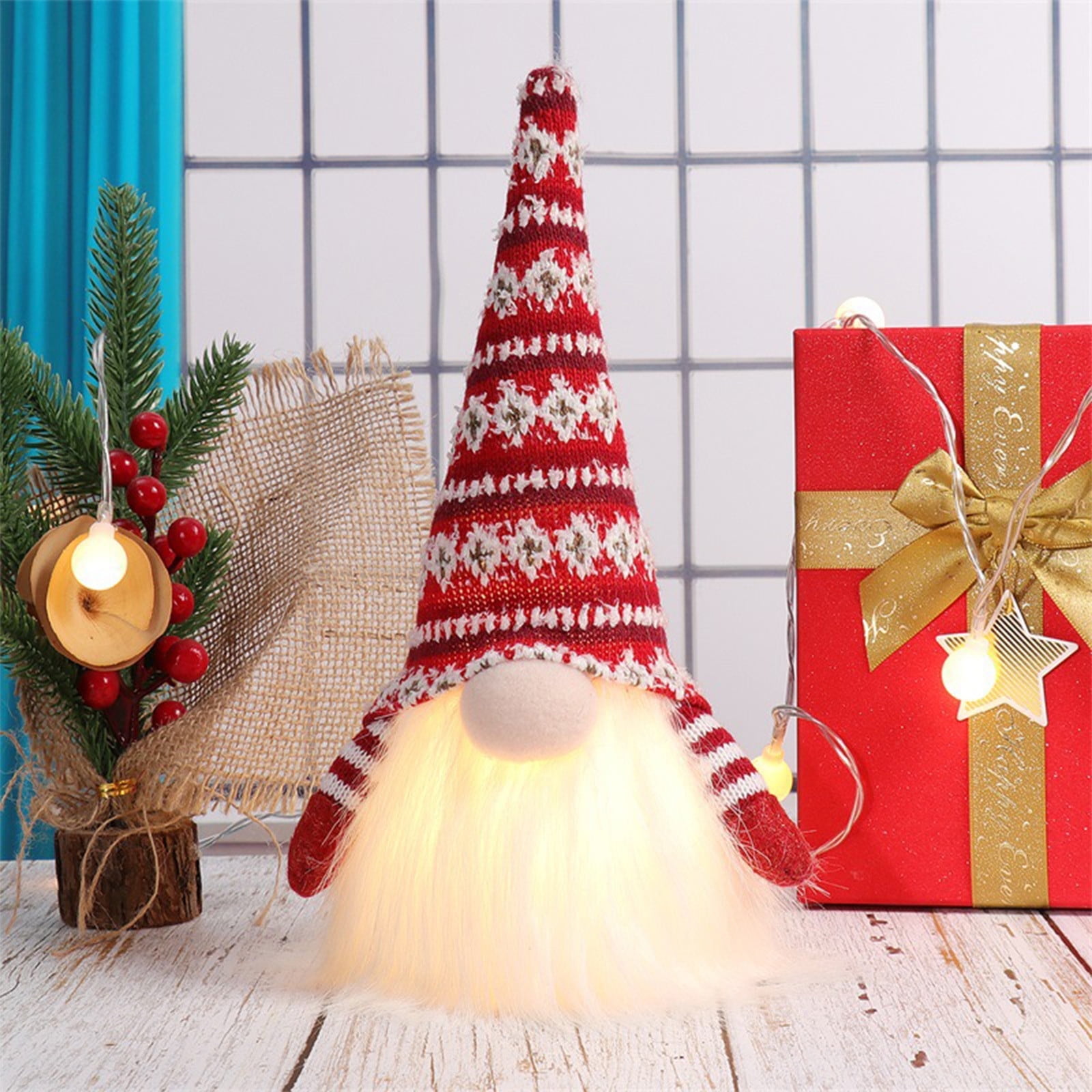Christmas Lights Gnome with Xmas Song Decorations, 2024 Xmas Ornaments Gift, Scandinavian Doll Figurine, Swedish Tomte Santa Handmade, Holiday Party Crafts, 10 inch, Red