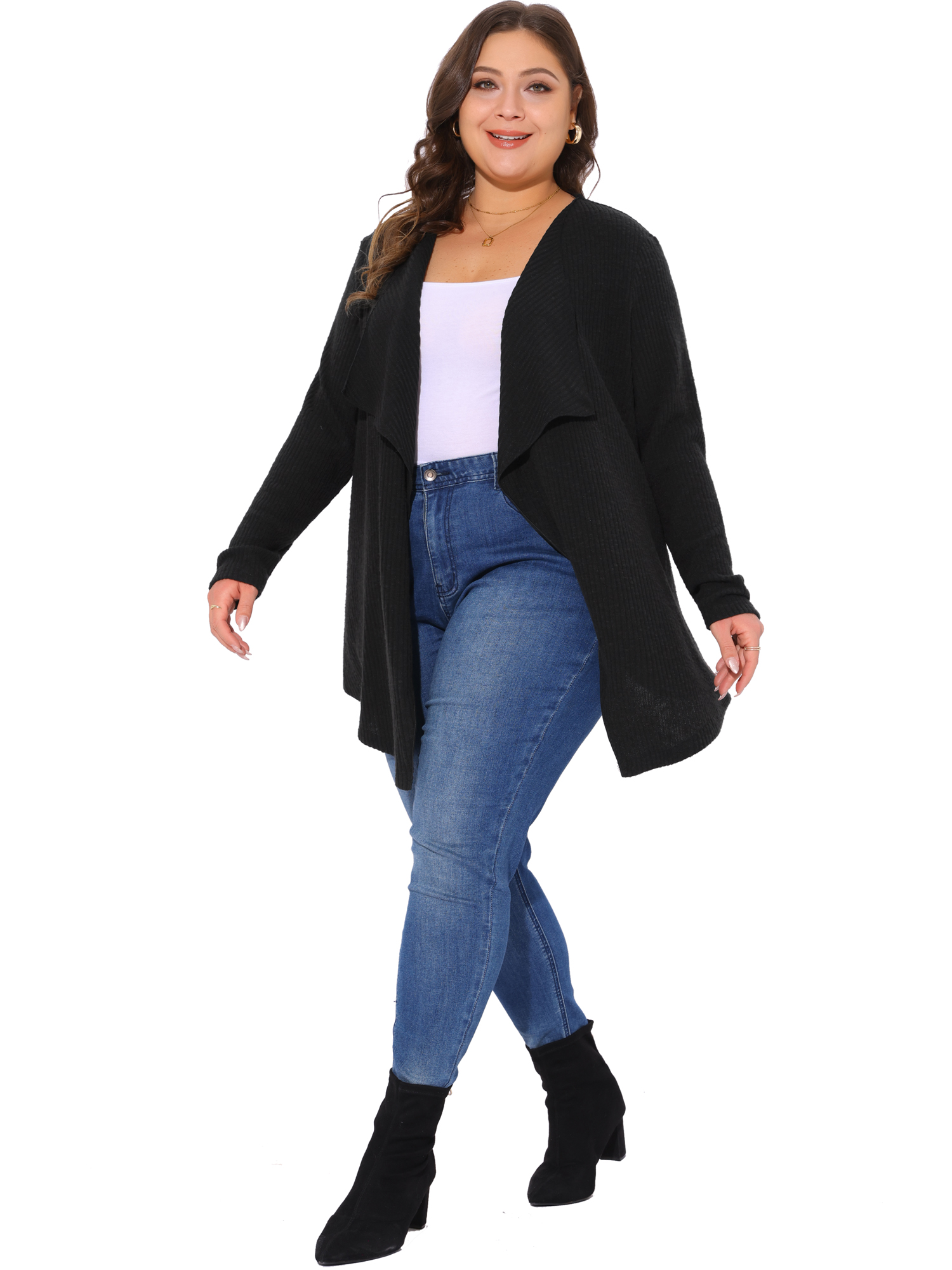 DARING DIVA Plus Size Open Front Irregular Hem Long Sleeve Cardigan 4X Black
