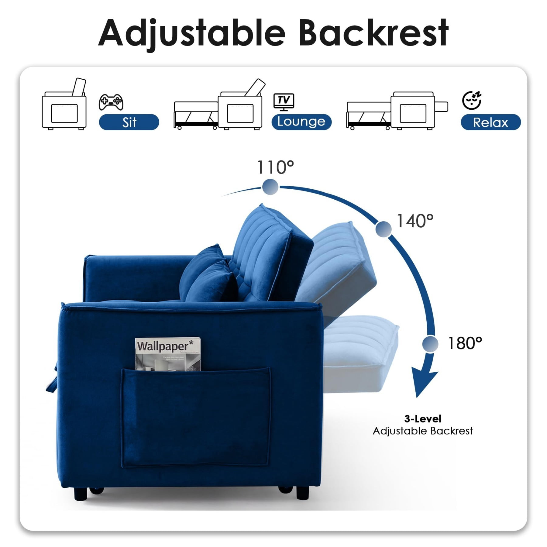 54" 3 in 1 Convertible Velvet Sofa Bed, 3 Position Foldable Sleeper Couch with Adjustable Backrest & Pillows, Dark Blue