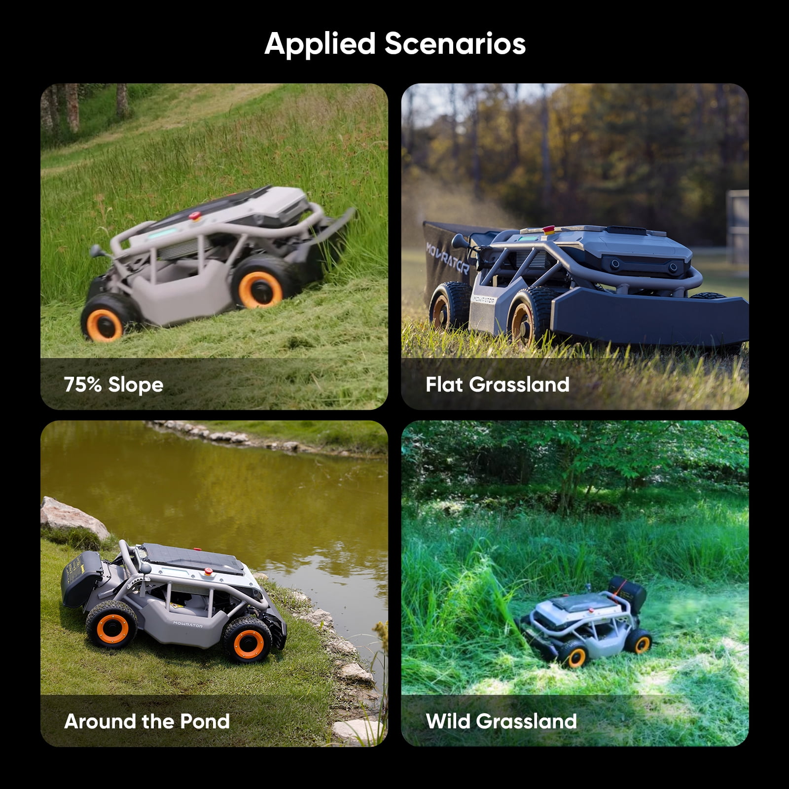 Mowrator S1 4WD 12Ah Remote Control Lawn Mower, All-Season Yard Care, 75% (37°) Slope Climbing, with Leaf Shredding Vacuum, 21" Width, 1.5–4.3" Cutting Height, Up to 0.75 Acres