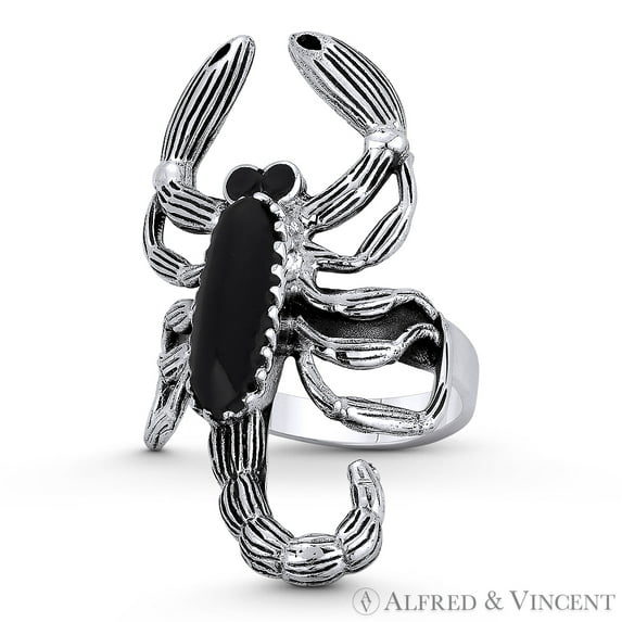 Scorpion Arachnid Charm Scorpio Zodiac Sign Faux Onyx Right-Hand Statement Ring in Oxidized .925 Sterling Silver