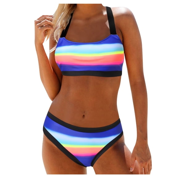 DOPI Women Bandeau Padded Push Up Print High Waist Two Piece Swimwear Halter Tankini