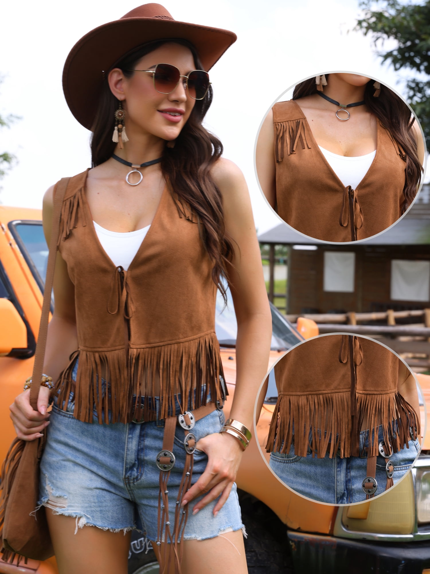 DARING DIVA Women's Fringe Cowgirl Sleeveless Faux Suede Tassel Vest XL Brown