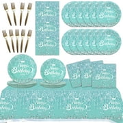 Birthday Party Tableware, Happy Birthday Plates Set Birthday Cutlery Including Birthday Paper Plates Birthday Napkins Forks and Tablecloth for Birthday Supplies, Tiffany Blue