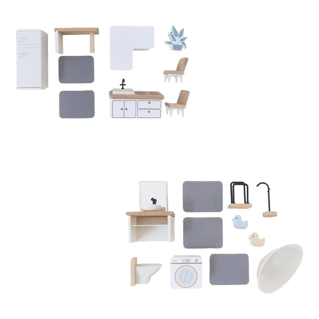 2 juegos de muebles de casa de muñecas de madera, modelo de accesorios de simulación, bricolaje, hechos a mano Cocina y Baño