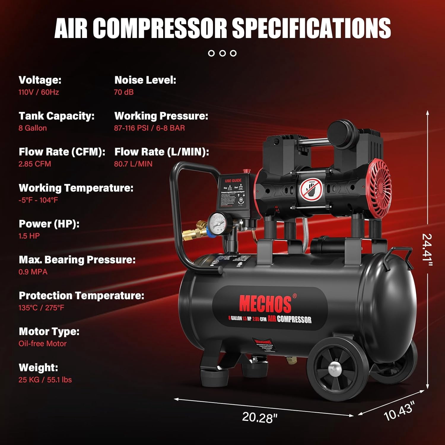 EAYSG Ultra Quiet 8 Gallon Air Compressor, 1.5 HP Oil-Free Portable Tank, 2.85 CFM @ 115 PSI, 110V – Ideal for Garage, Home DIY, Tire Inflation, Nail Guns & More
