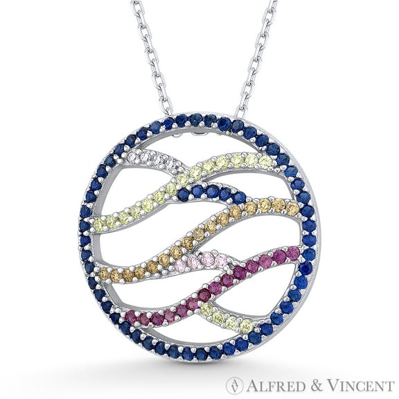 Criss-Crossing Swirl CZ Crystal Circle Pendant & Chain Necklace in .925 Sterling Silver