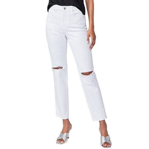 PAIGE womens  Noella Soft Ecru Destructed High-Rise Relaxed Straight Leg Jean,