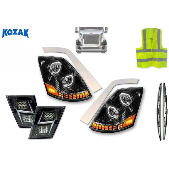 KOZAK Compatible with Volvo VNL 2004-2017 Full LED Headlights with Sequential Turn Signals and Fog Lights Black Set