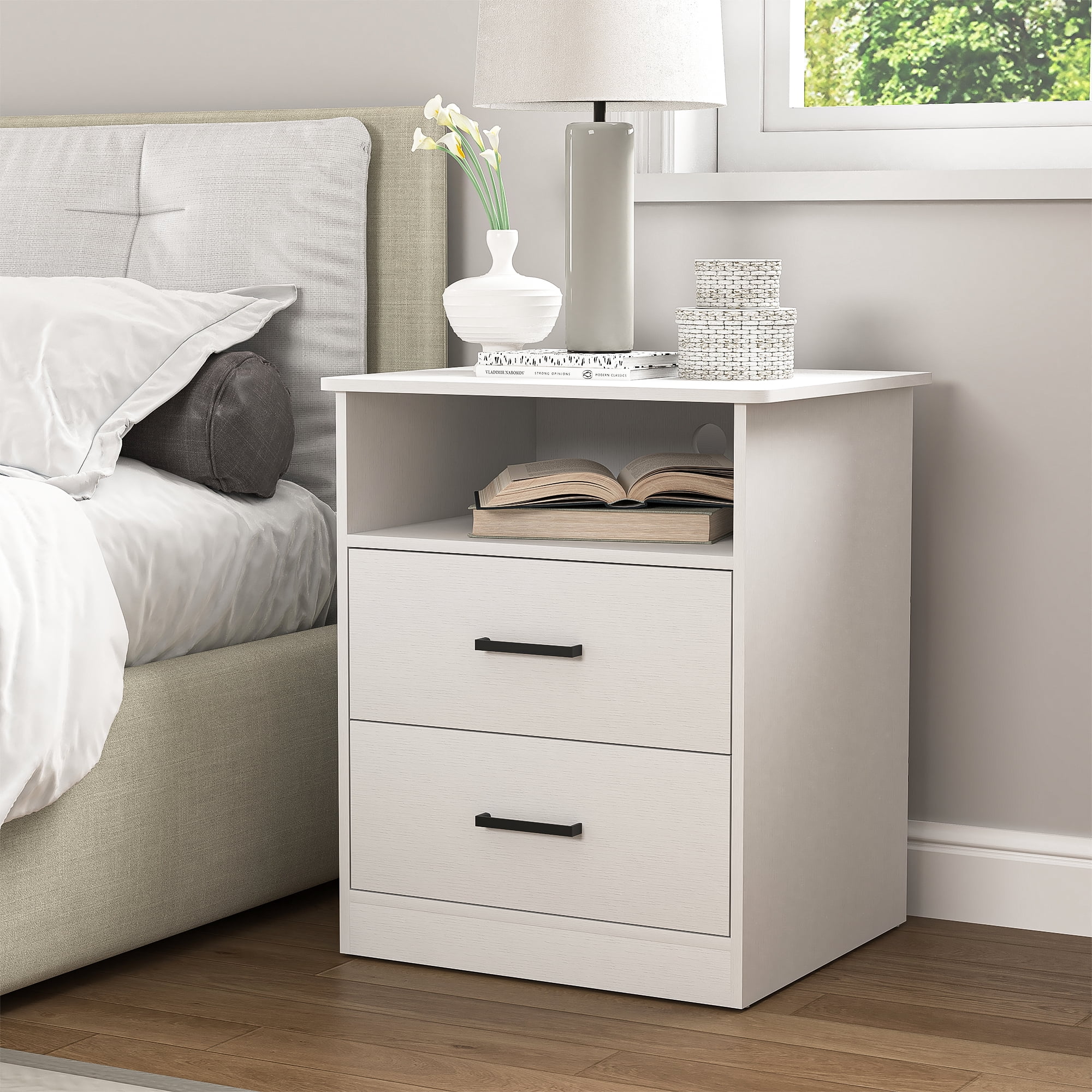 Resenkos 2 Drawer Bedroom Nightstand with Open Shelves, White Bedside Table