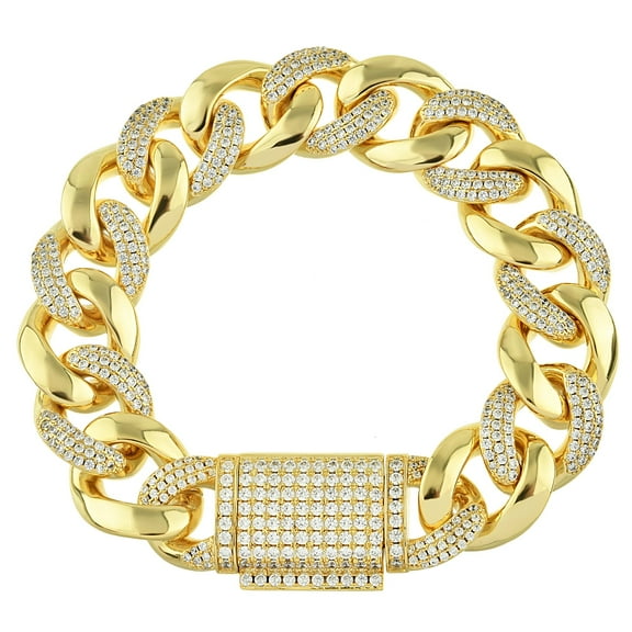 15mm Iced Out Curb Chain Bracelet 7.5 in - 14K Gold Plated Copper Bracelet - Full Diamond Cut Zirconia Crystal Miami Cuban Link Bracelet for Women - Chunky Bracelet
