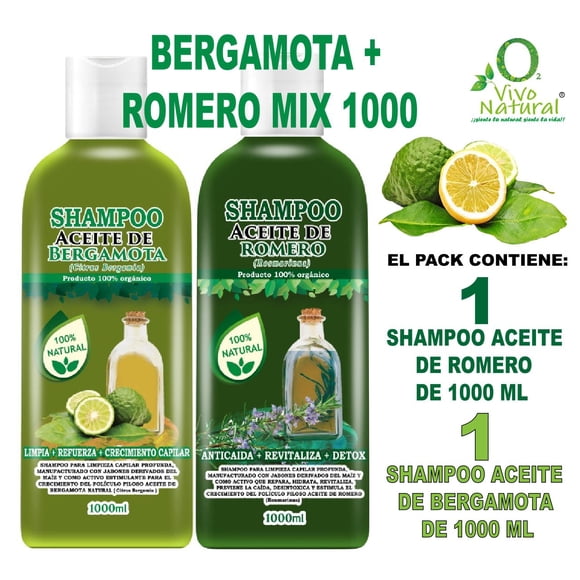 Bergamota + Romero Mix 1000 VIVONATURAL. Shampoo Aceite de Bergamta 1000 ml + Shampoo Aceite de Romero 1000 ml