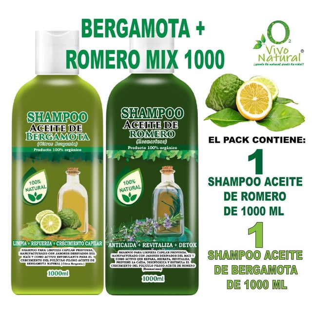 Bergamota + Romero Mix 1000 VIVONATURAL. Shampoo Aceite de Bergamta 1000 ml + Shampoo Aceite de Romero 1000 ml
