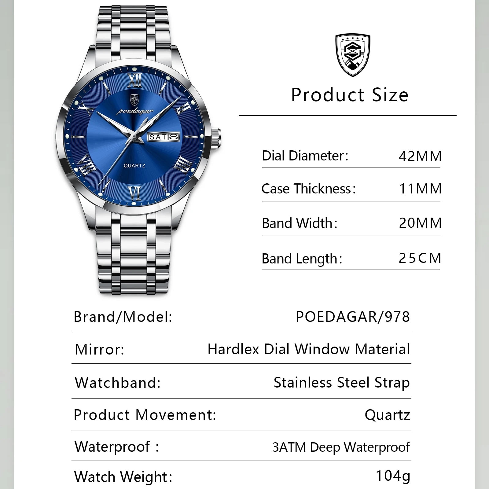 POEDAGAR Fashion Stainless Steel Men's Quartz Watches Waterproof Luminous Week Date Sports Man Wrist Watch