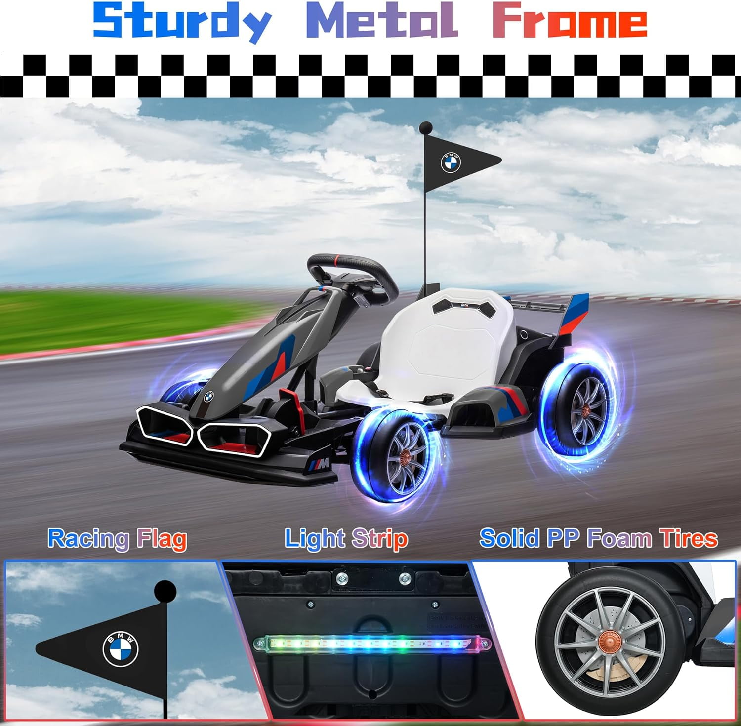 Akaber Electric Go Kart with Adjustable Seat, 24V 9AH Drift Kart with Dual 200W Motors, Crazy Go Cart for Kids Ages 6-12, Licensed BMW, LED Lights, Drift Mode and 2 Speed(Grey)