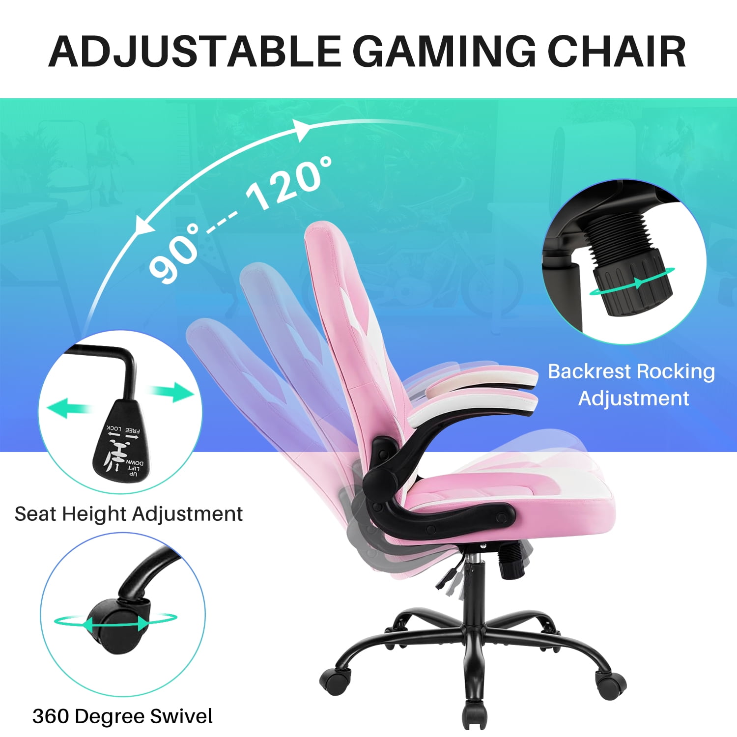 Bigleap Gaming Chair, Ergonomic Office Leather Racing Chair with Flip-up Armrest, White Pink