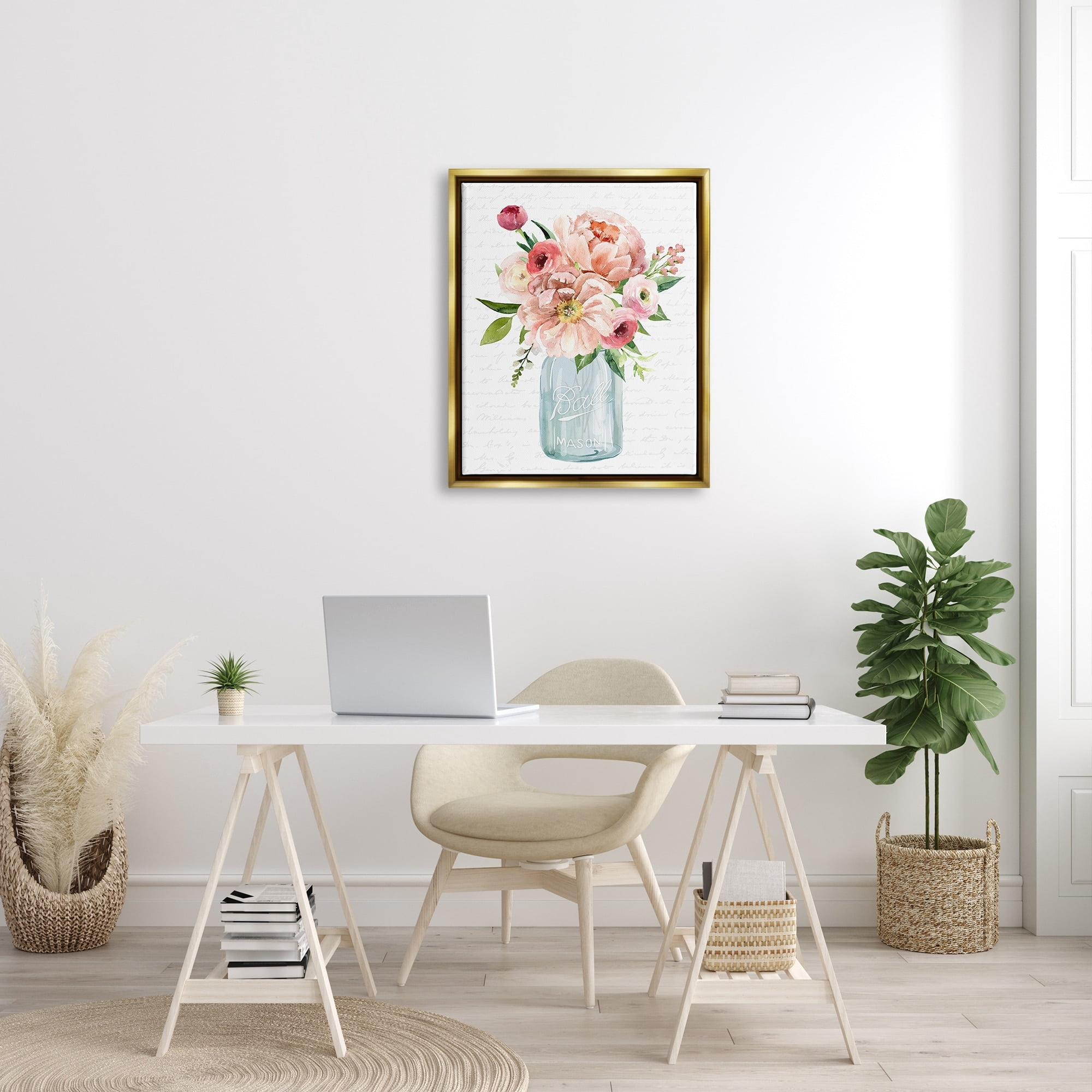 Stupell Industries Pink Peony Flowers Jar Arrangement Script Pattern Graphic Art Metallic Gold Floating Framed Canvas Print Wall Art, Design by Lettered and Lined