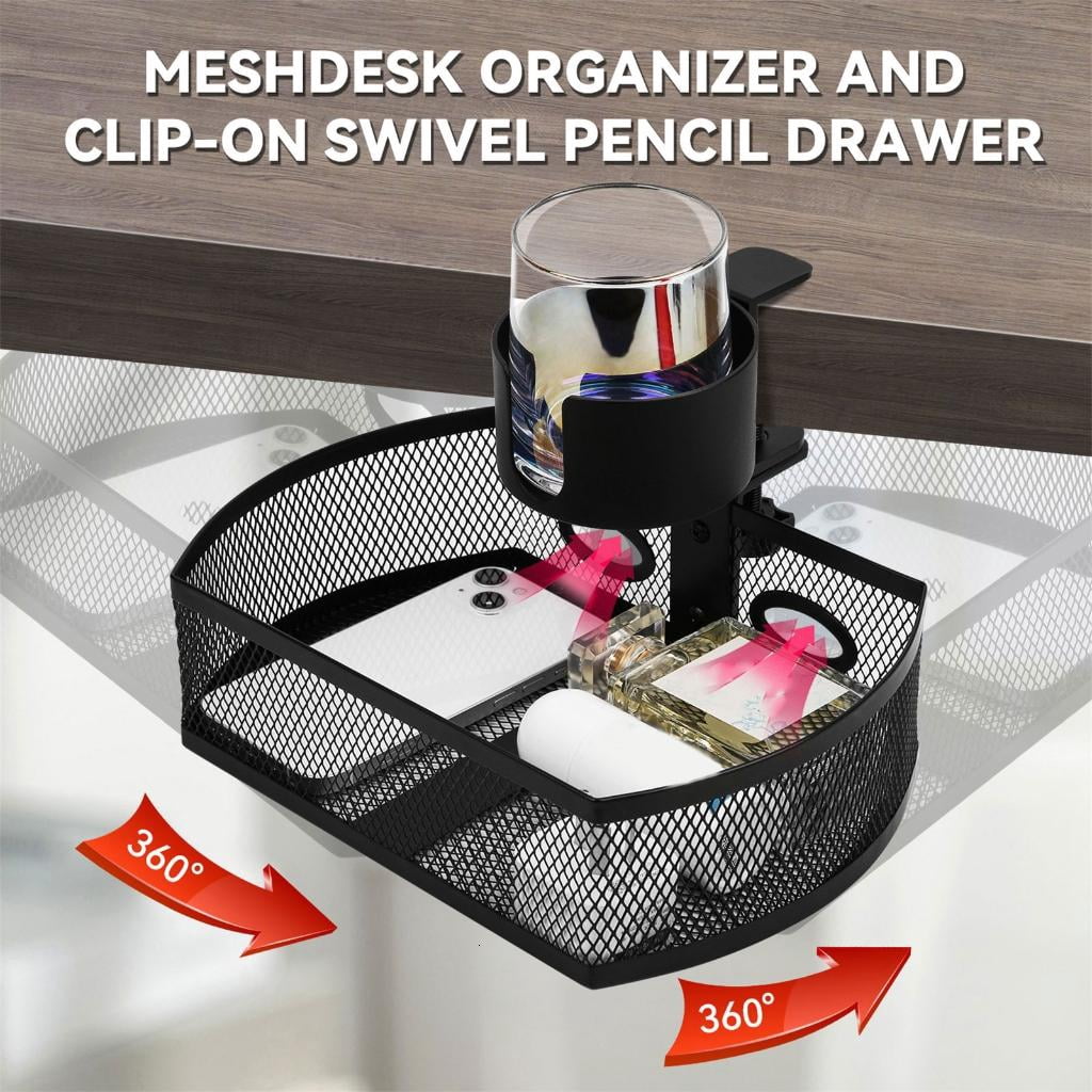 HannLk Office Supplies Holder Under Desk Storage with Rotating Drawer and Cup Holder