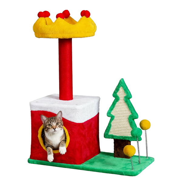 29.5in Christmas-Themed Plush Cat Tree - Compact 5-in-1 Design, for Small Spaces & Indoor Cats