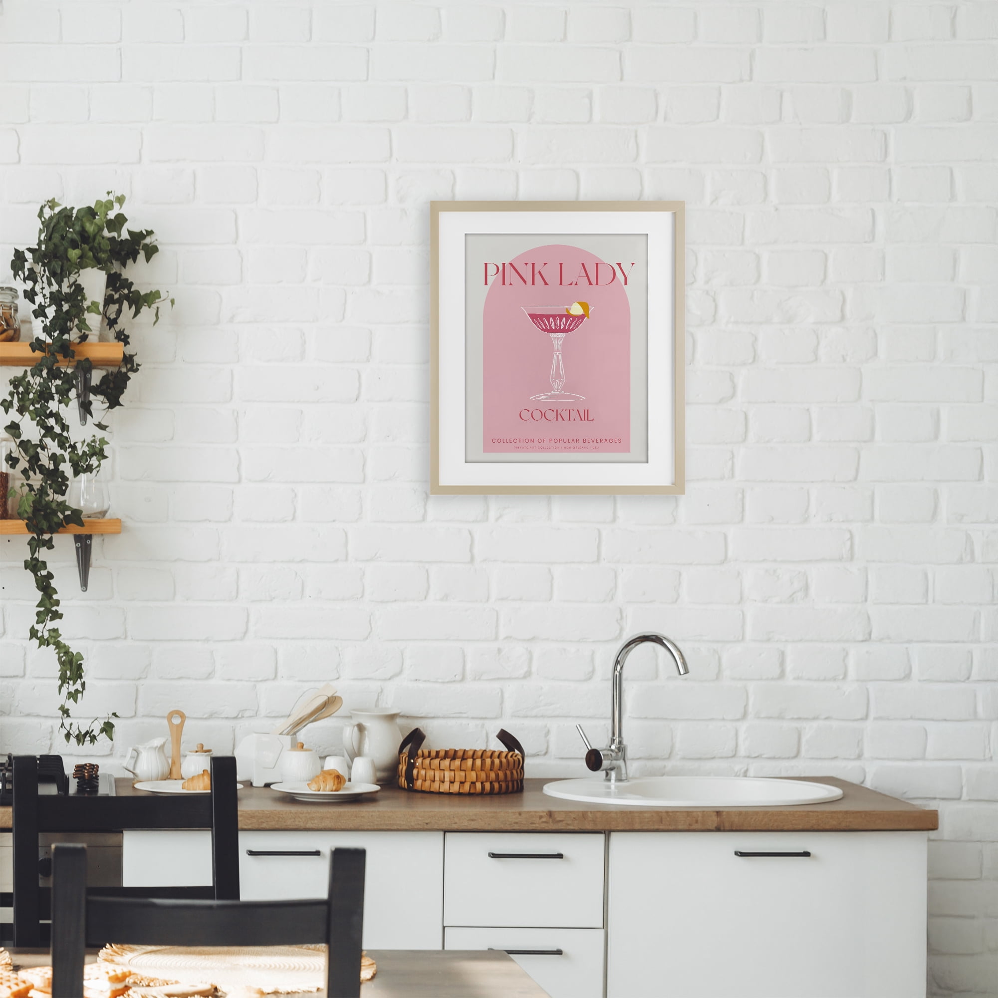 Stylish Retro Pink Lady Birch Framed Print Under Glass, design by Lil' Rue