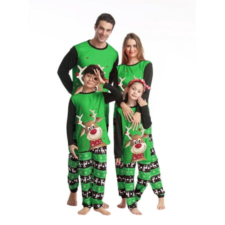 

Family Matching Christmas Pajamas Cartoon Deer Print Long Sleeve Tops Elk Snowflake Print Pants Loungewear