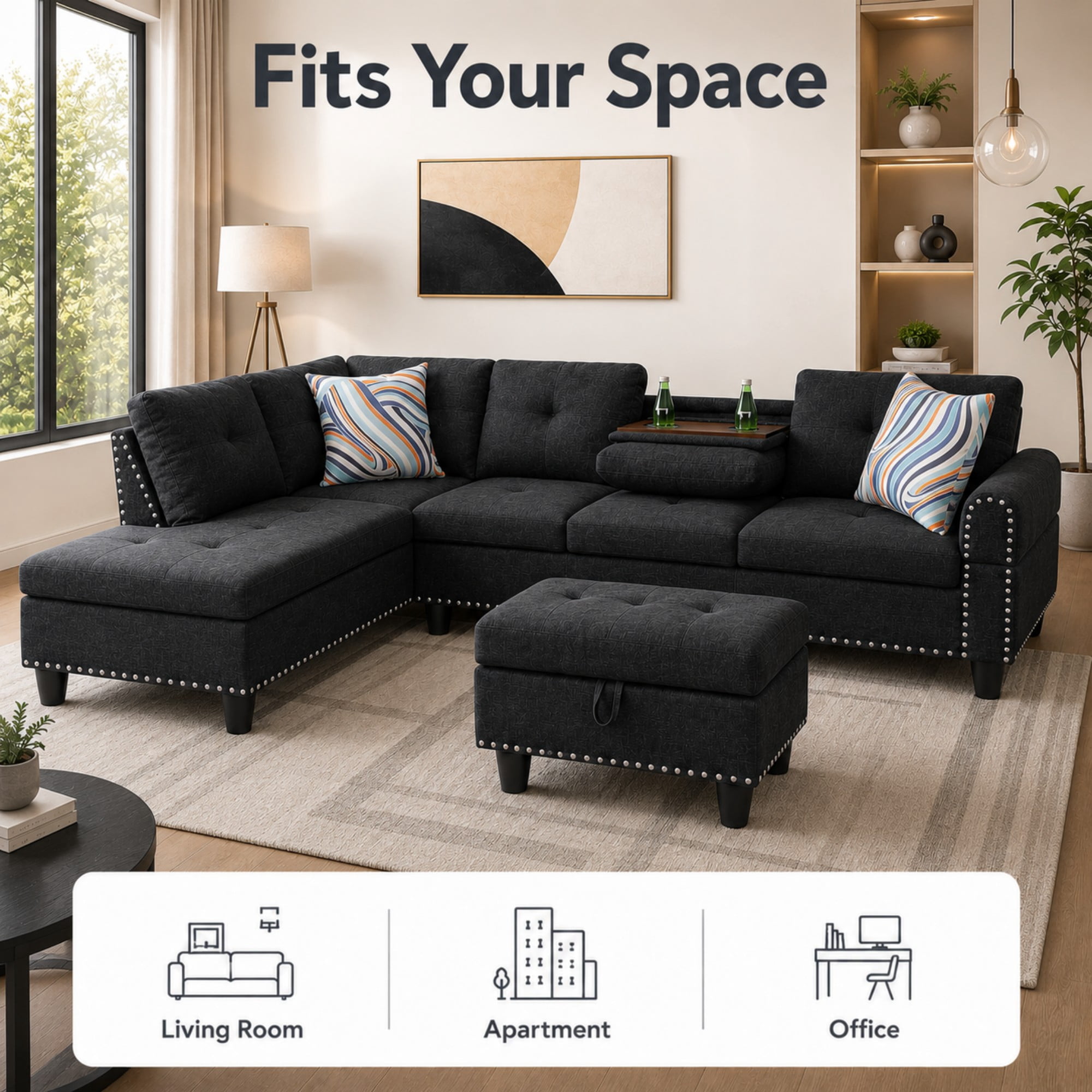 Momspeace 98" L-Shaped Sectional Sofa, Oversized 6 Seater Sofa with Ottoman and Cup Holder, Linen, Black
