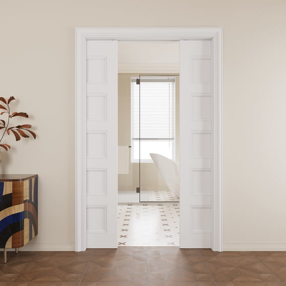 48" x 80" (Double 24") 5 Panel Pocket Doors with Soft Close, Molded Solid Core Door Panels & Pocket Doors Hardware & Frames, Bathroom Door, Bedroom Door, Pre-finished & Paintable, White