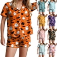 thumbnail image 2 of UngA Halloween Pj Halloween Satin Pajamas Set for Women Cute 2 Piece Graphic Pj Set Button Down Short Sleeve Shirt Shorts Lounge Set Sky Blue,M, 2 of 7