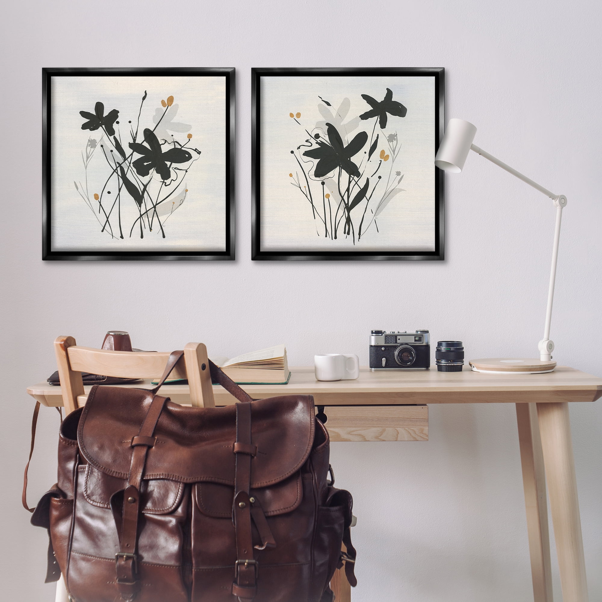 Stupell Industries Contemporary Floral Sprigs Plants & Flowers Painting Black Floater Framed Canvas Art Print Wall Art, 25 x 25, Set of 2