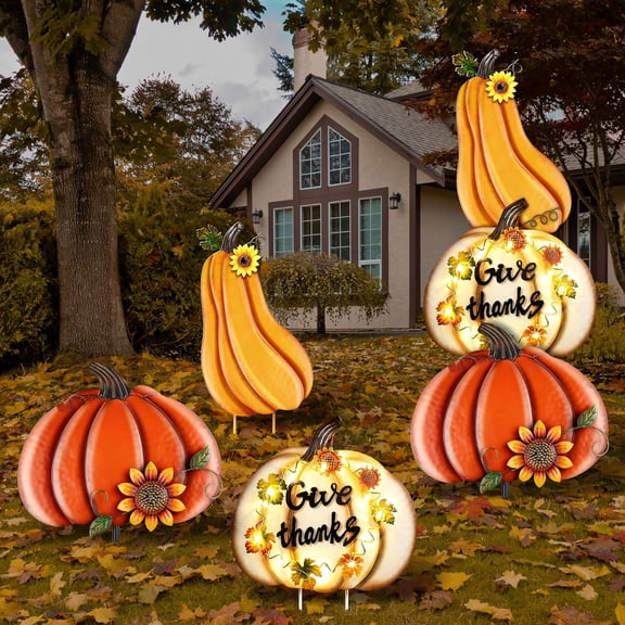ANHXN Metal Fall Pumpkin Garden Yard Sign Stakes, LED Waterproof Harvest Pumpkin Decor for Outdoor Lawn