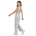 thumbnail image 2 of inlzdz Girls Hip Hop Street Dance Outfit Set Metallic Crop Tops with Sequins Pants Party Club Streetwear Silver 10, 2 of 5