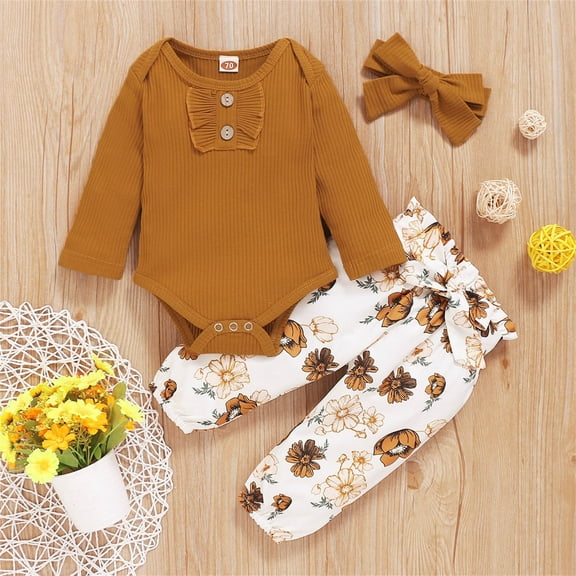 6 Months Newborn Infant Baby Girls Clothes Ribbed Bodysuit Pants Set Fall Winter Outfits Brown