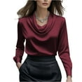 thumbnail image 3 of Women's Satin Cowl Neck Long Sleeve Blouse Elegant Silky Formal Office Top for Work, Business Wine XL, 3 of 6