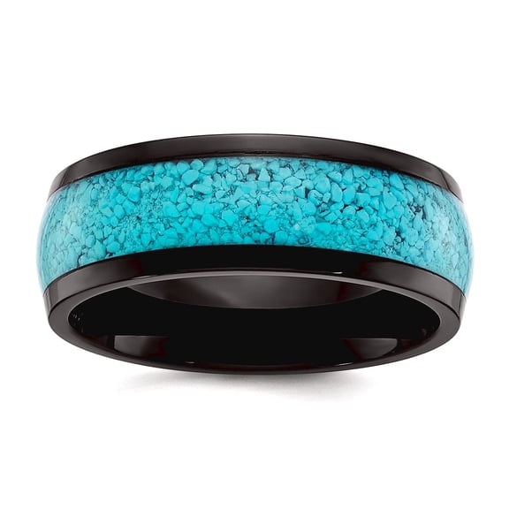 Stainless Steel Polished Black Ip Plated With Imit. Simulated Turquoise Inlay 8mm Band Size 11.5 Ring for Women and Men