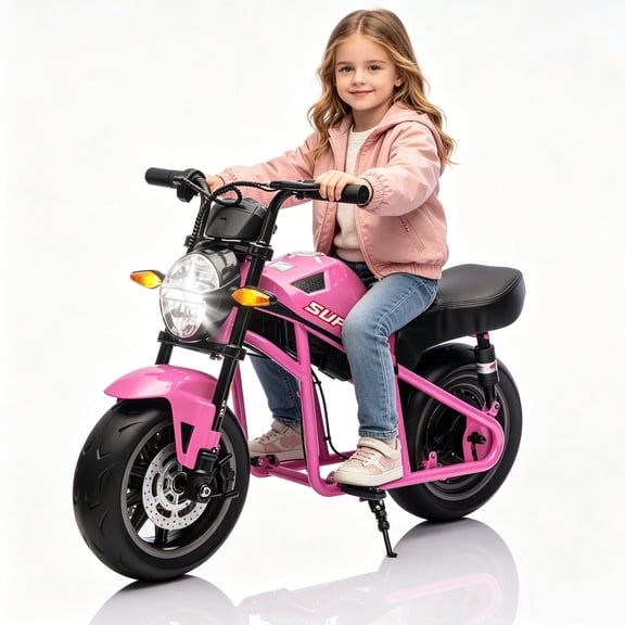 24V Electric Motorcycle for Kids 8-14, 300W Motor Ride on Toys for Big Kids 14” EVA Wheels, Non-Slip Twist Grip Throttle, Speed up to 11.18MPH, Dual Suspension, Music&Light, Pink