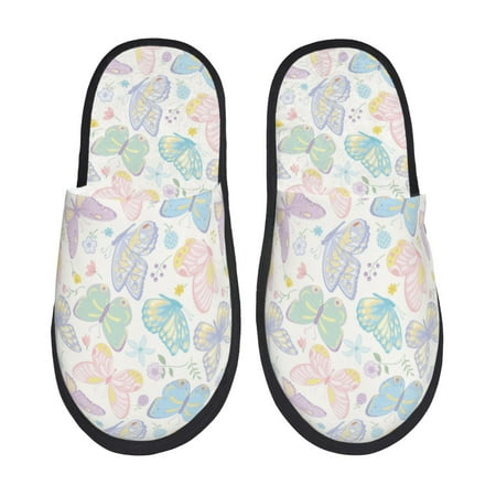Balery Colorful Butterfly Slient Indoor Furry Fleece Comfort House Shoes Soft Non-Slip Home Shoes Cotton slippers House Slippers-- Large