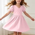 thumbnail image 2 of ASEIDFNSA Girls V Neck Puff Sleeve Dress with A Line Skirt Solid Color and Ruffle Detail (Pink,13-14 Years), 2 of 3