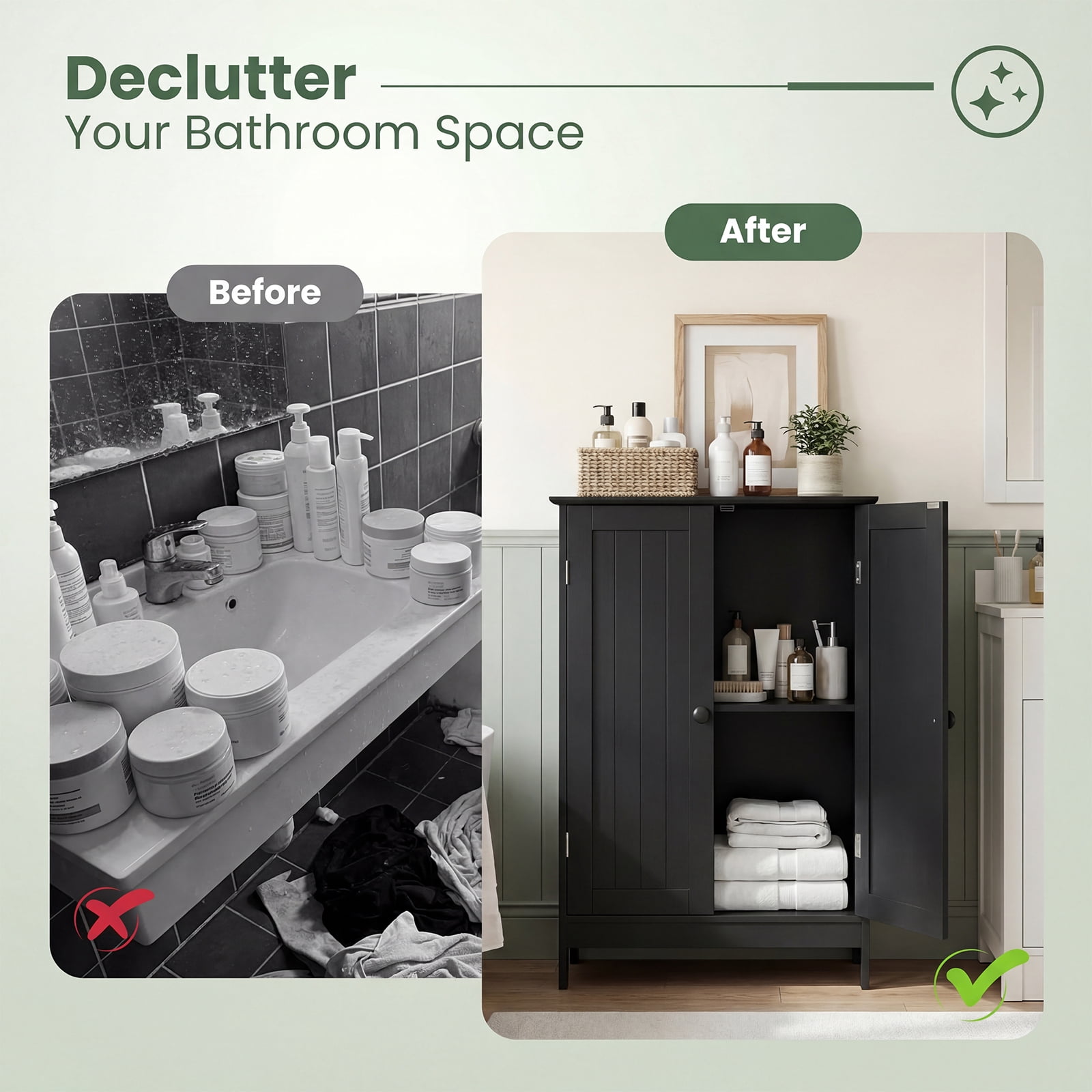 Gymax Bathroom Storage Cabinet Freestanding Wooden Floor Cabinet w/ Double Doors Black
