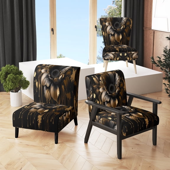 Designart "Daisy in Black and Gold I" Black Daffodil Upholstered Accent Chair - Traditional Arm Chair For Living Room