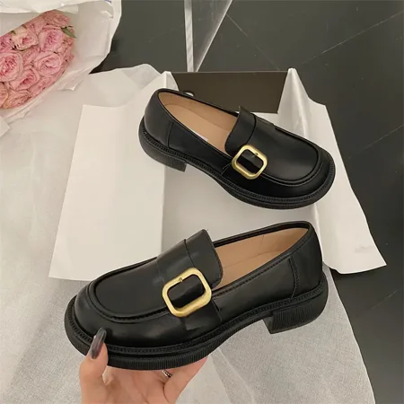 

Women‘s British Style Thick-soled Loafers Round Toe Buckle Decor Faux Leather Shoes