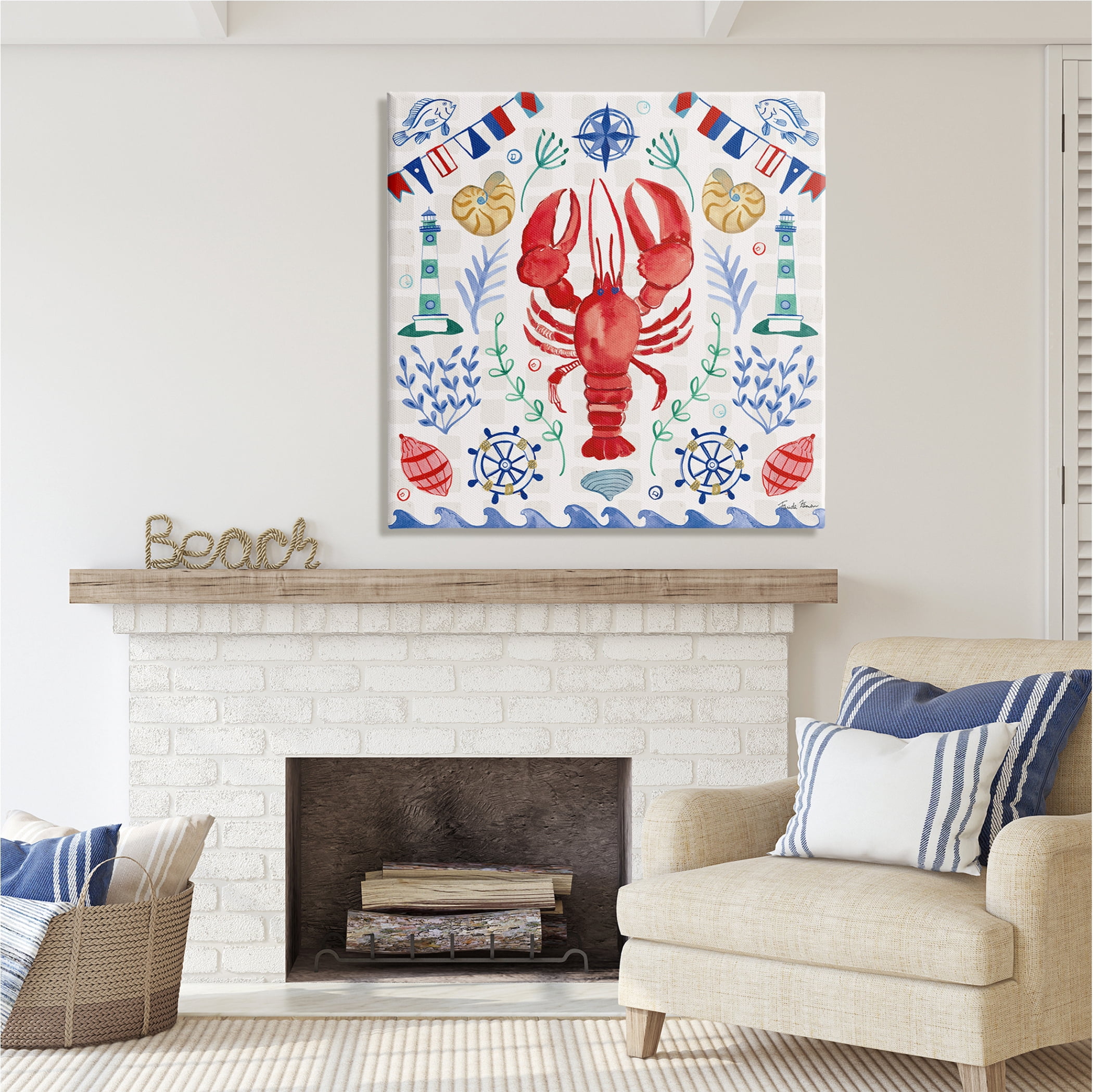 Stupell Industries Lobster on Nautical Pattern Animals & Insects Painting Gallery Wrapped Canvas Print Wall Art, 36 x 36