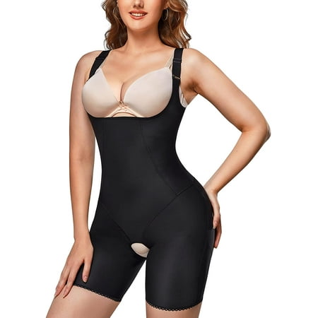 

Junlan Waist Trainer Bodysuit for Women Tummy Control Full Body Shaper Open Bust Shapewear Thigh Slimmer Corset(Black L)