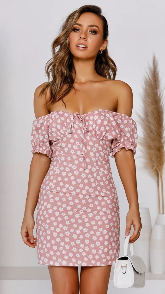 white off the shoulder dress with pink flowers