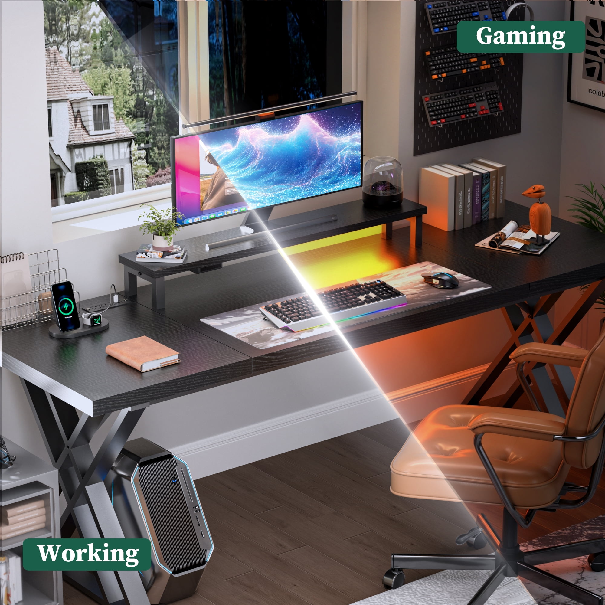 Executive Office Desk, Holaki 70.8" Large Farmhouse Wooden Office Desk with Desktop Stand and Charging Station, Study Writing Table Computer Desk Workstation for Home, Black
